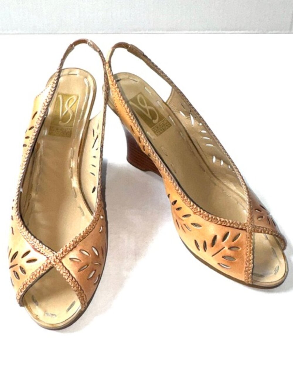 Victoria Spenser Peep-Toe Wedge Sandals - Tan Leather - Vintage - Size 9.5